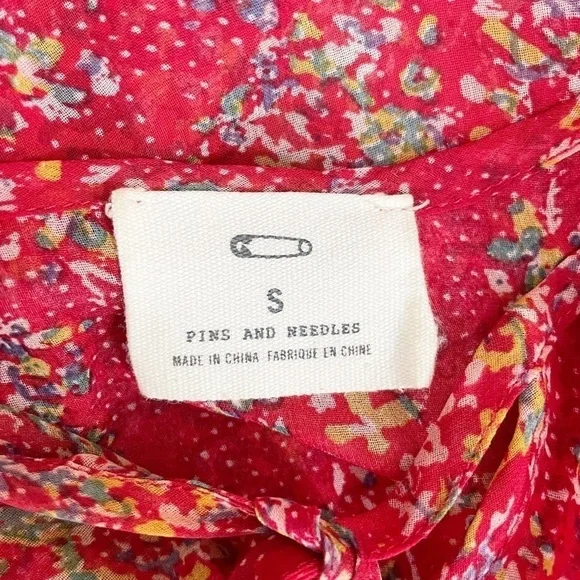 Anthropologie Pins & Needles Boho Red Floral Semi Sheer Long Sleeve Casual Top S - Picture 14 of 15